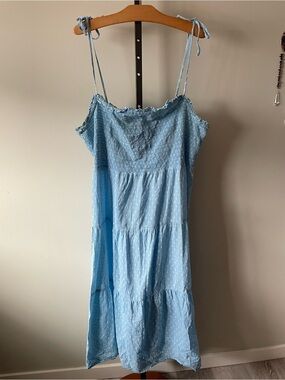 Joe Fresh 100% Cotton Smocked Swiss Dot Tiered Midi Dress Blue Cottagecore Boho